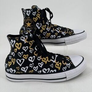 Converse All Star Hi Top Skate Shoes WOMENS Gold White Hearts Lace Up Sneakers 8